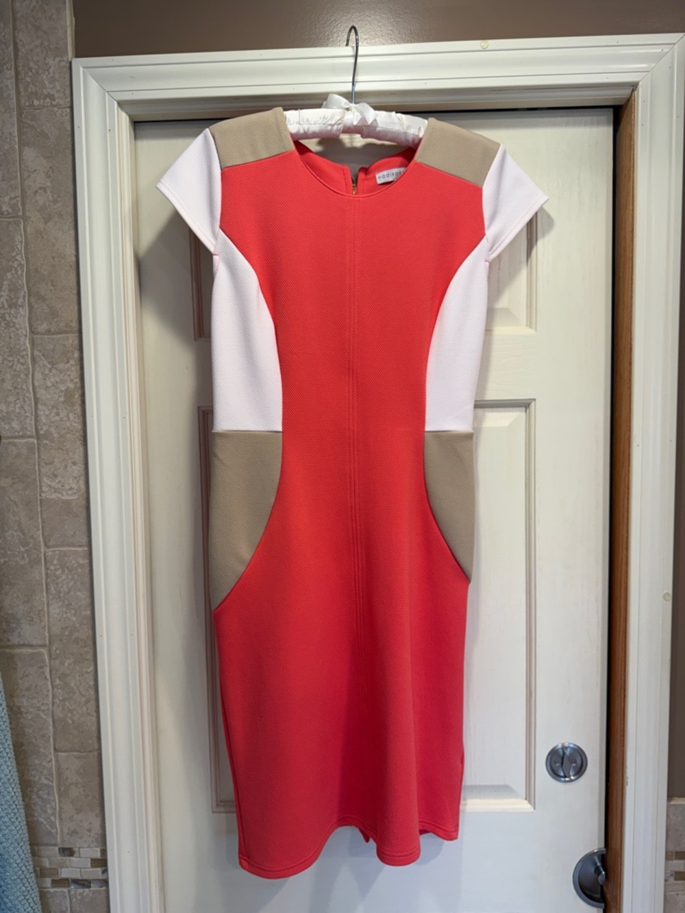 Madison Leigh Coral and Cream Colorblock Knee Length Dress with Tan Accents